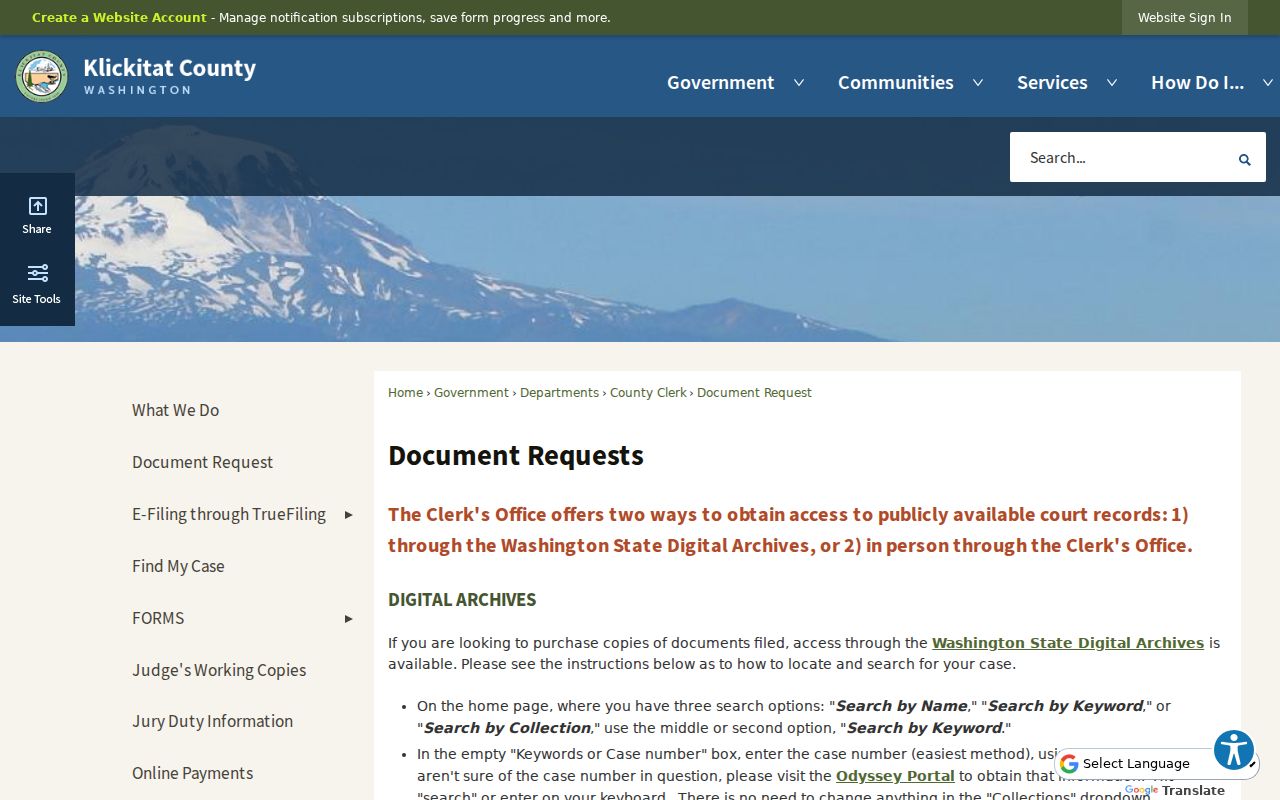 Klickitat County court case records Digital Archives instructions