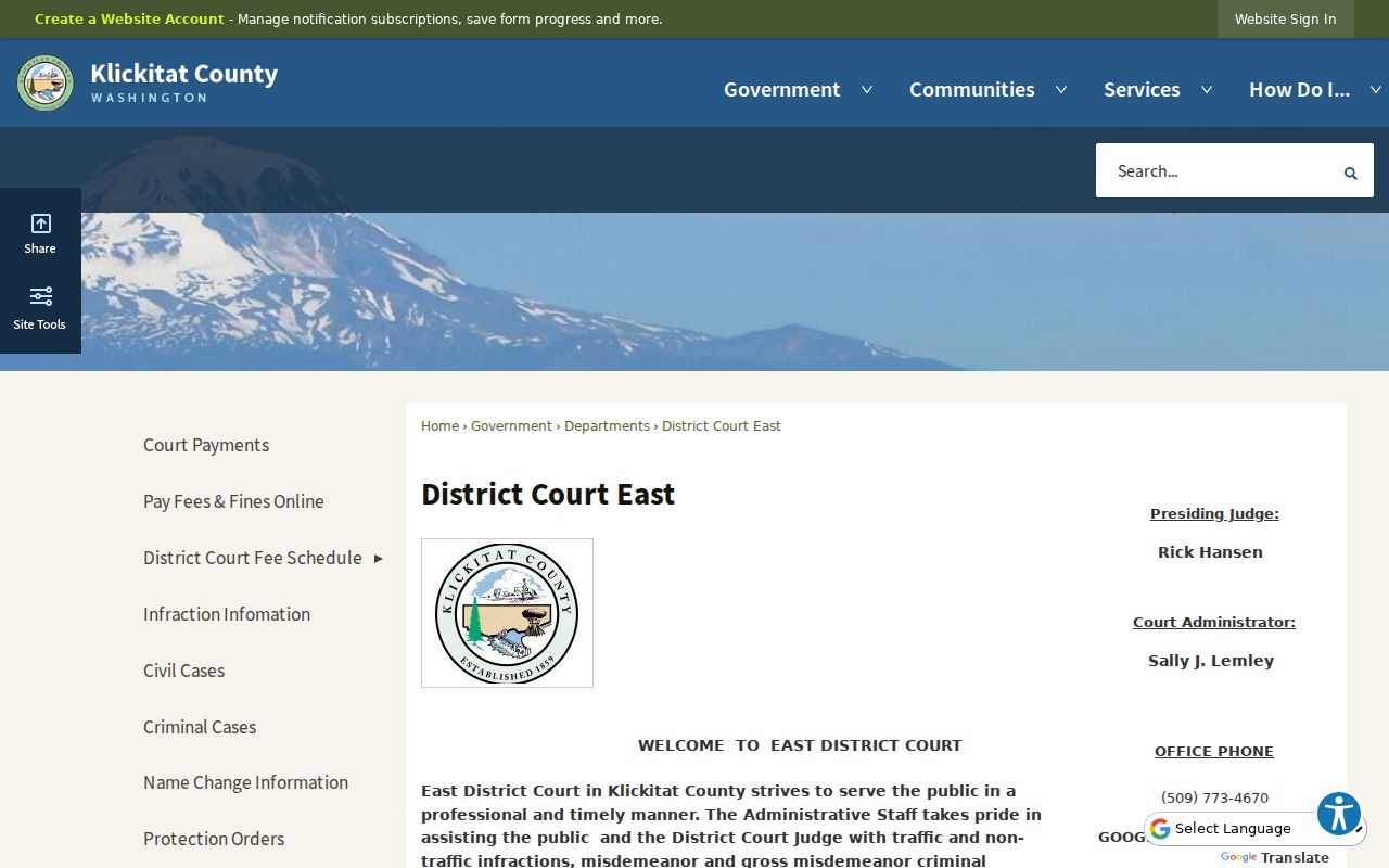 Klickitat County East District Court calendar and contact information