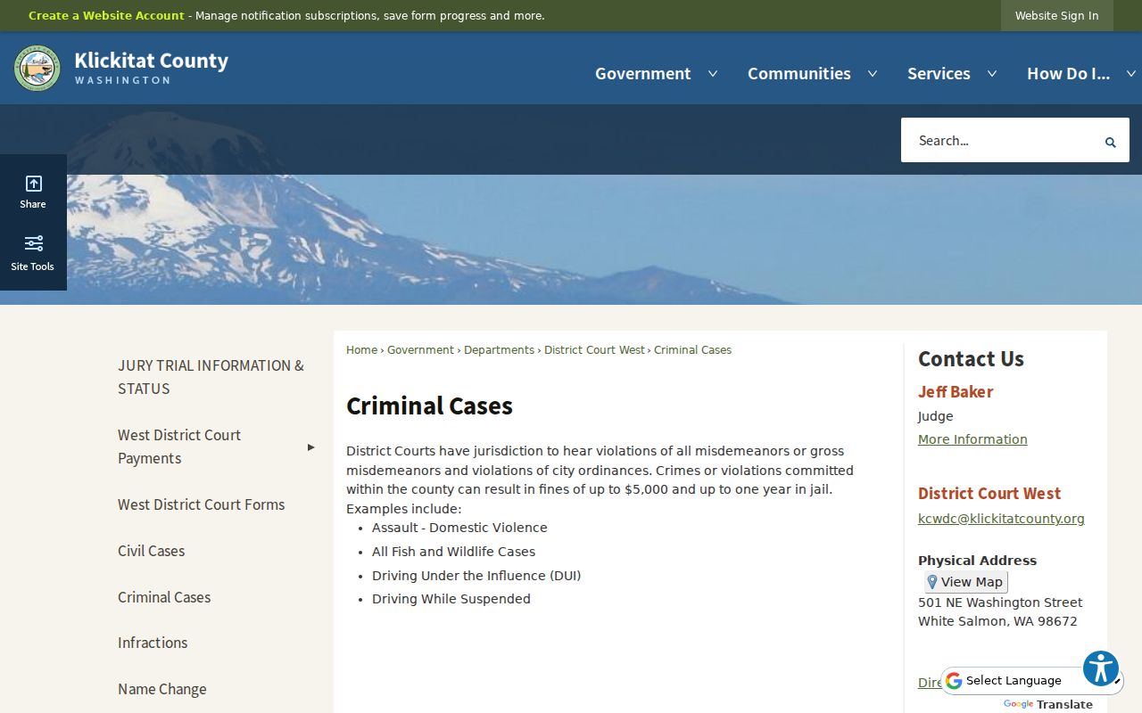 Klickitat County criminal docket jurisdiction and court contact page