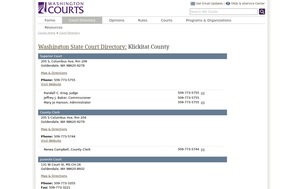Klickitat County court docket directory for county courts