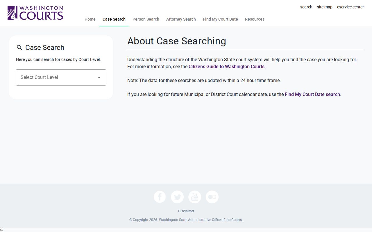 Klickitat County case search court and case type controls